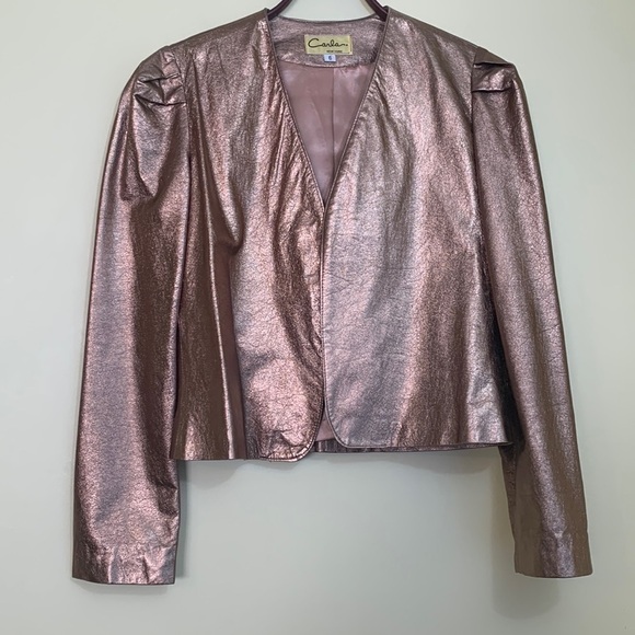 Carla New York | Vintage Rose Gold Leather Open Front Lined Lightweight Jacket 6 - Picture 1 of 17